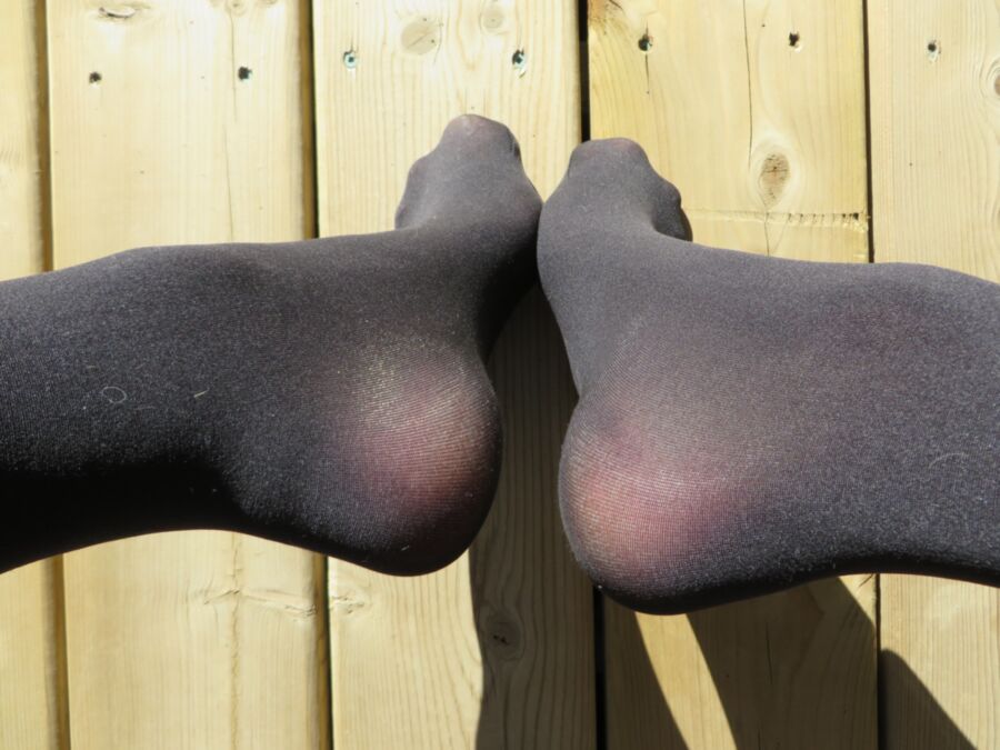 Free porn pics of Black Pantyhose On The Deck 8 of 12 pics