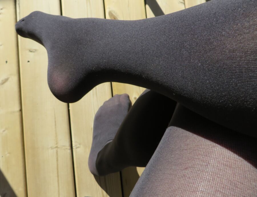 Free porn pics of Black Pantyhose On The Deck 6 of 12 pics